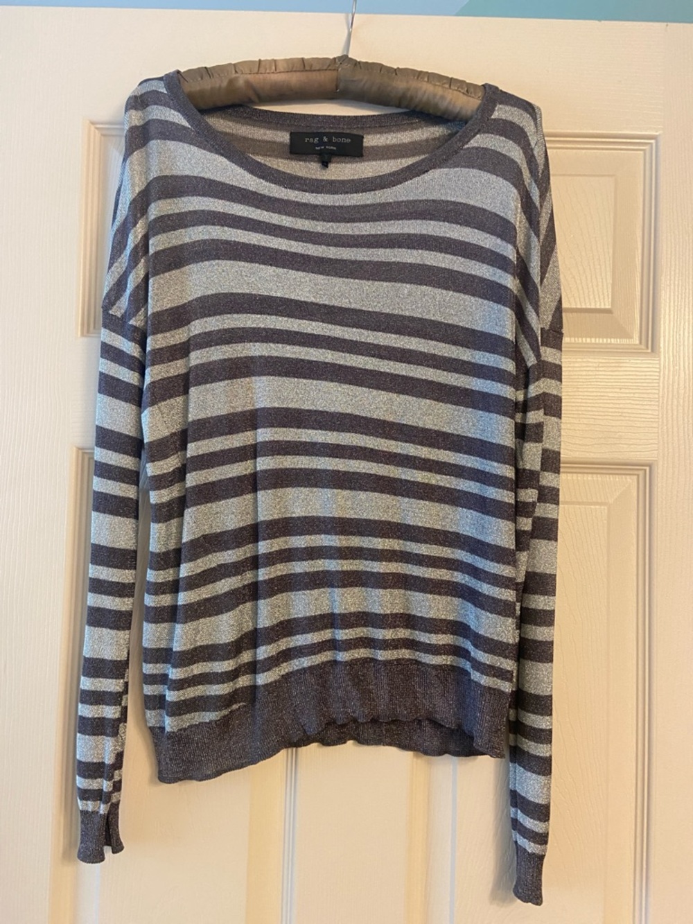 Rag & Bone Metallic sheer Striped Crewneck Sweater in Silver and Charcoal